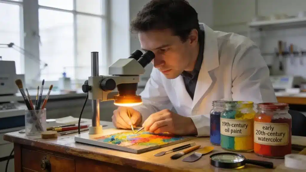 Historic paint analysis with a conservator examining paint layers and samples