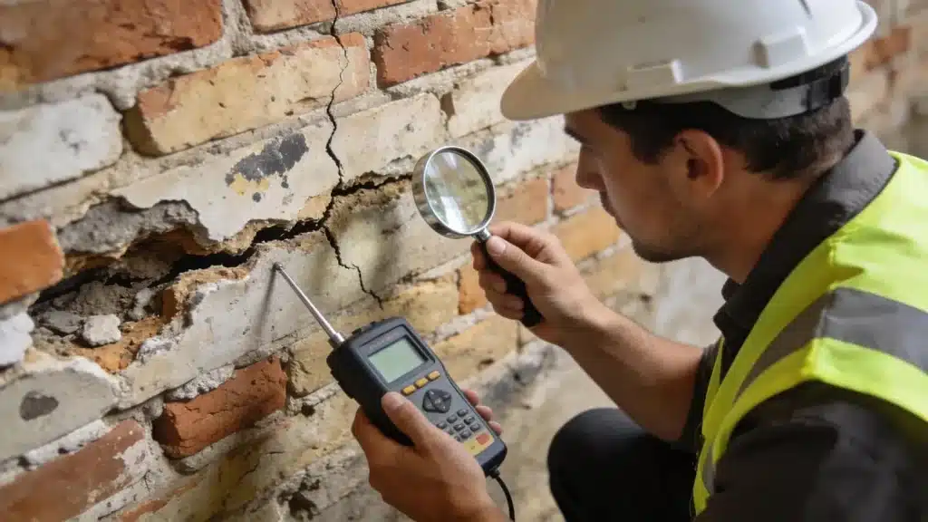 Professional conducting structural assessment of historic masonry for effective repairs