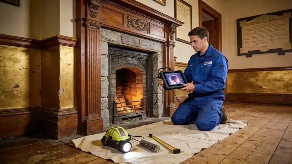 Professional inspecting a historic fireplace for safety compliance and regulations