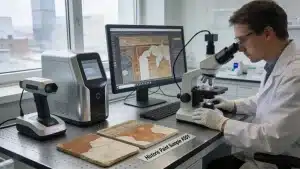 Technician using digital imaging tools for non destructive testing in historic paint analysis