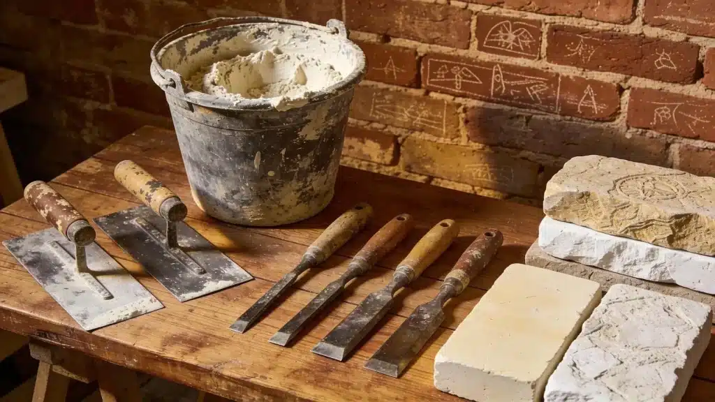 Traditional masonry repair tools and materials essential for historic restoration
