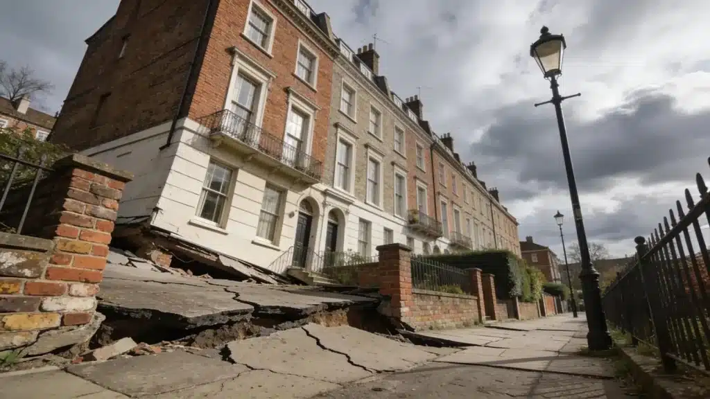 Visual representation of subsidence effects in London, showcasing cracked pavements